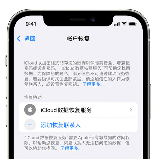 江门苹果手机维修分享在 iPhone 上设置帐户恢复联系人的方法 