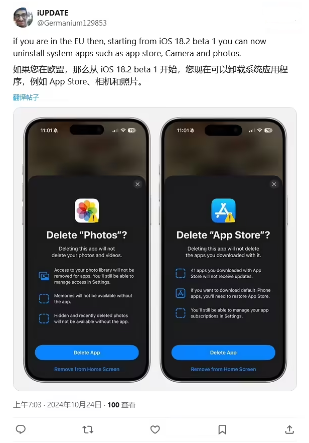 江门苹果手机维修分享iOS 18.2 支持删除 App Store 应用商店 